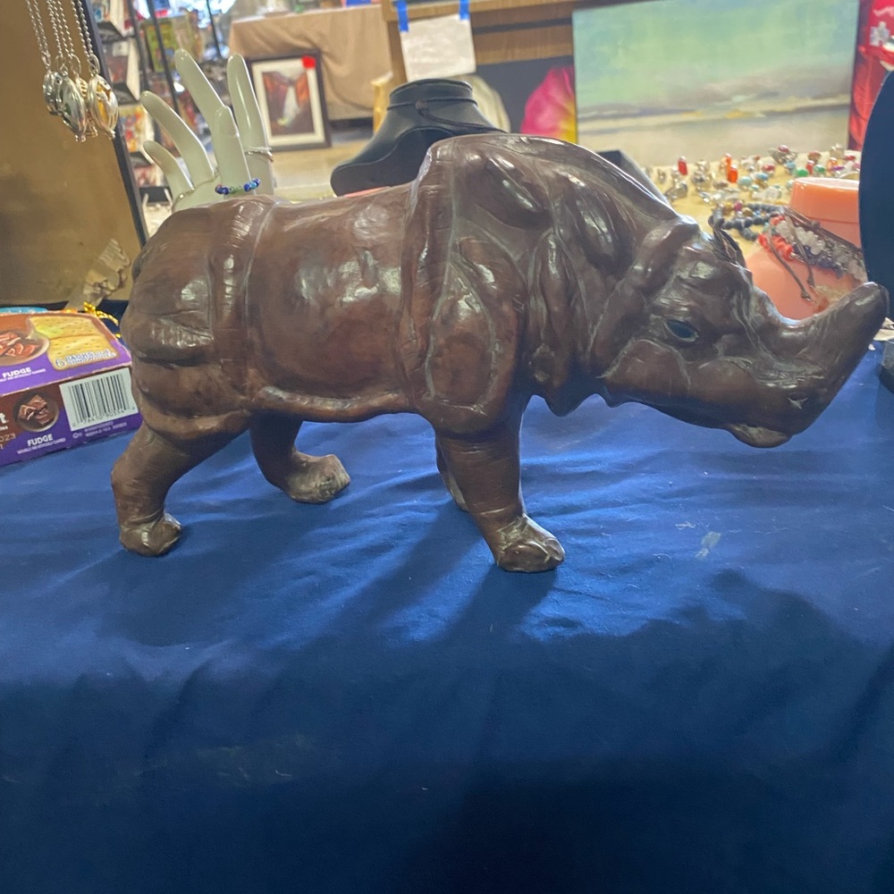 Vintage Leather Wrapped 🦏 Rhinoceros 🦏 RHINO Status 13” Long X 7” Tall